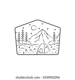 camping under a starry sky in mono line art, badge vector, pin, T-shirt art, vector illustration