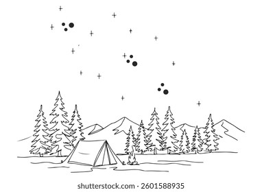 Camping Under the Stars, continuous single one line art hand drawing sketch, Mixed group setting up tents and campfire in a remote forest, stargazing at night