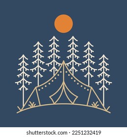 Camping Under the Waterfall in the Middle of Forest Monoline Design for Apparel