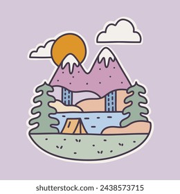 Camping under the waterfall and mountain flat design for badge sticker graphic illustration vector art t-shirt design