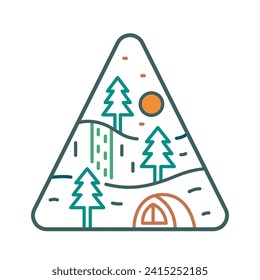 camping under the waterfall nature vibes in mono line vector t shirt badge emblem illustration
