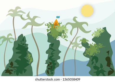 Camping in unusual, hard to reach places, at altitude.
Mountains, forest, trees, palm trees, a national park.  Orange tent with a flag with a fire on it. Nature vector illustration.