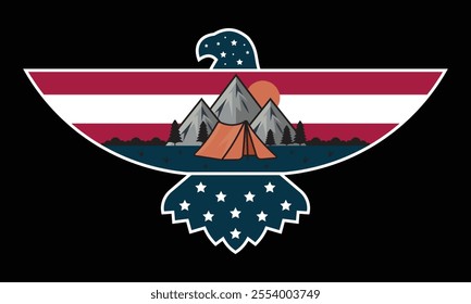 Camping, USA Flag, Bird, Ready To Print Camping Vector T Shirt Design Template, Wall Art, Mug, Sticker, Banner, Tee, Hoodie, Printable, Illustration