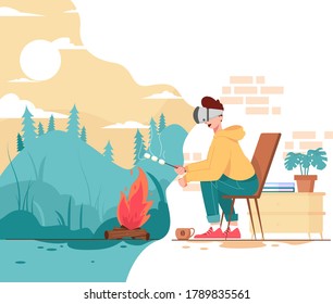 camping use virtual reality in home illustration