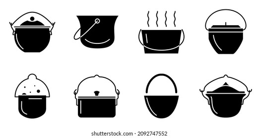 Camping utensils. Cooking outside. A bowler hat for a tourist. a traveler. Boiling water over a fire. Set of vector icons, glyph, isolated