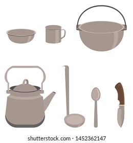 The Camping Utensils Are Isolated On White Background.