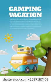 Camping vacation 3D cartoon vector poster design. Baggage and surfboard on the van roof. Road trip. Tourism transport. Adventure journey. Summer holiday, outdoor activity