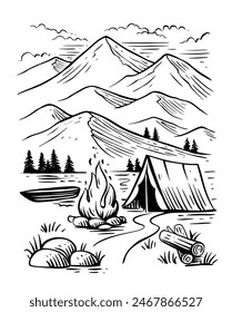 Vacaciones De Camping En El Dibujo Del Lago.