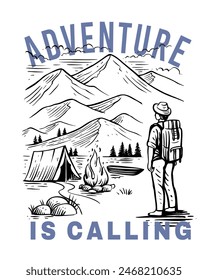 Camping Vacation On Lake Drawing.