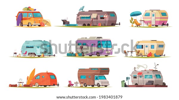 Camping vacation recreational vehicles flat\
cartoon set camper caravan trailer bus house on wheels isolated\
vector illustration