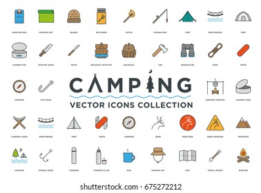 Camping, Vacation and Travel Minimal Color Flat Line Vector Icon Set. 