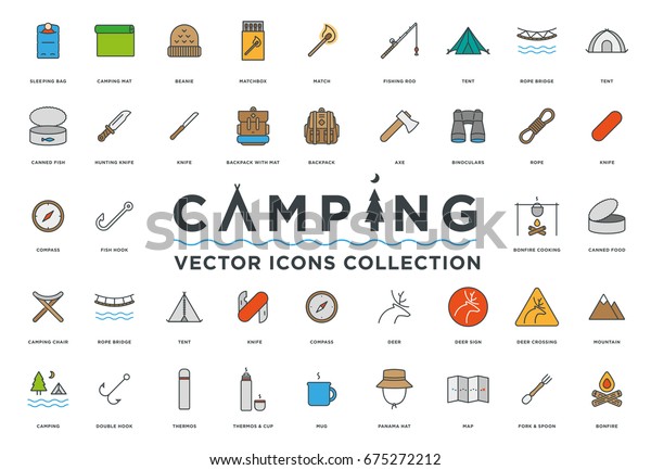Camping, Vacation and Travel Minimal Color Flat Line
Vector Icon Set. 
