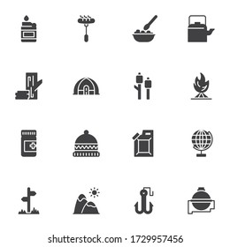 Camping vacations, vector icons set, modern solid symbol collection, filled style pictogram pack. Signs, logo illustration. Set includes icons as bonfire, sausage, camping tent, mountains, water flask