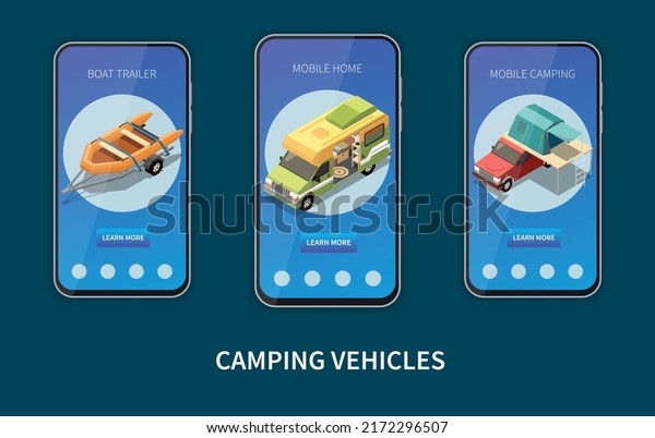 Camping van composition with boat trailer\
symbols isometric isolated vector\
illustration