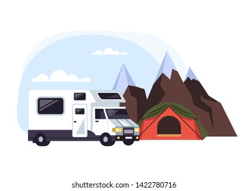 Camping van concept. Vector flat cartoon graphic design isolated illustration