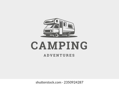 Camping van expedition wanderlust summer road trip travel adventure retro logo design template isometric vector illustration. Camper auto bus family tourism exploration journey transportation emblem