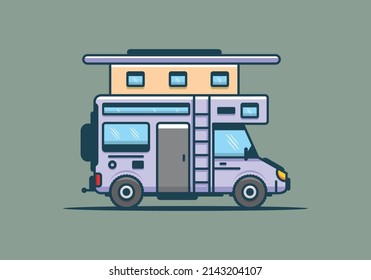 Camping with van flat illustration design