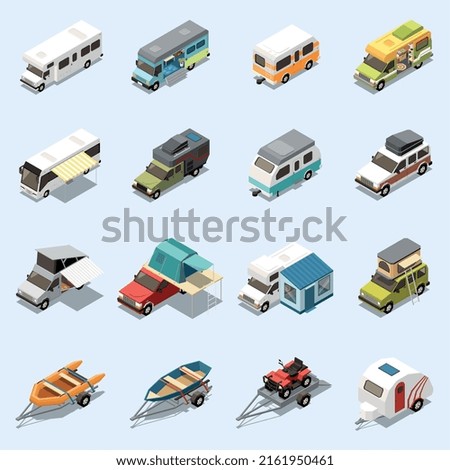 Camping van icons set with motor home symbols isometric isolated vector illustration