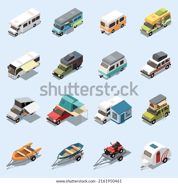 Camping van icons set with motor home\
symbols isometric isolated vector\
illustration