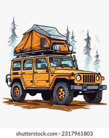 Camping van illustration off-road car illustration vintage camping