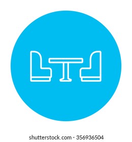 Camping van interior with seating line icon for web, mobile and infographics. Vector white icon on the light blue circle isolated on white background.
