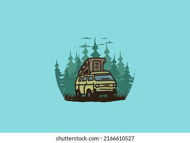 Camping van in the jungle illustration design