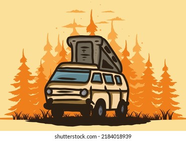 Camping van in the jungle illustration design