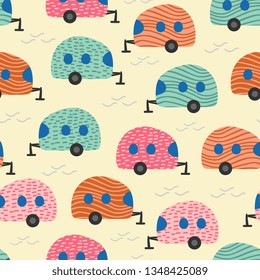 Camping van seamless pattern colorful trendy design vector illustration for kids and children fashion textile print.