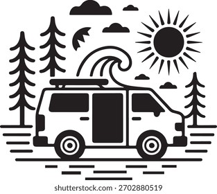 Camping Van Silhouette con sol y árboles