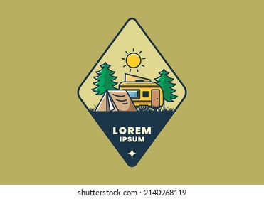 Camping van and tent between pine trees illustration design