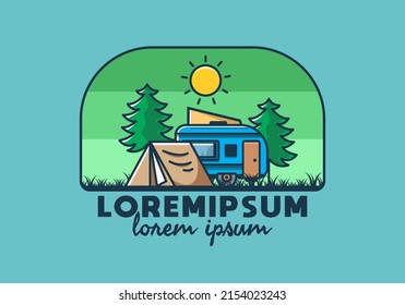 Camping van and tent between pine trees illustration design