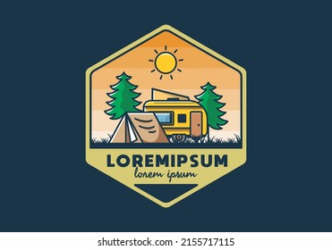 Camping van and tent between pine trees illustration design