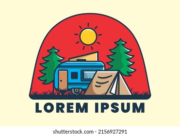 Camping van and tent between pine trees illustration design