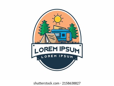 Camping van and tent between pine trees illustration design