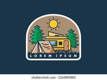 Camping van and tent between pine trees illustration design