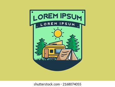 Camping van and tent between pine trees illustration design