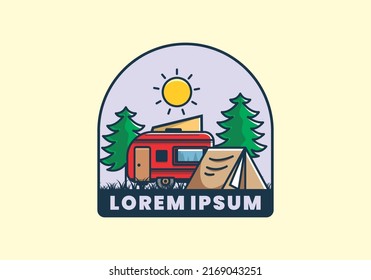 Camping van and tent between pine trees illustration design