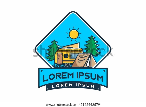 Camping van and tent between pine trees
illustration design