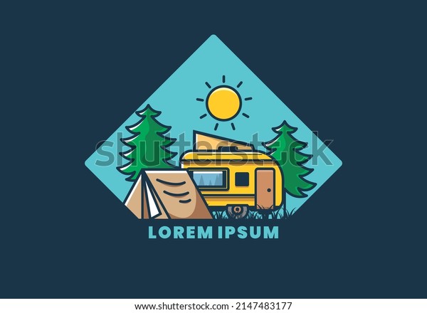 Camping van and tent between pine trees\
illustration design