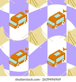 Camping Van Tent Seamless Pattern. Orange camper vans and beige tents on a wavy violet and white background, seamless camping-themed pattern in flat cartoon style.