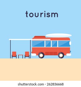 Camping van. Travel camping. Summer vacation, traveling, beach recreation, surfing, lifestyle. Flat vector illustration.