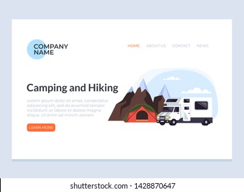 Camping van web page banner concept. Vector flat cartoon graphic design isolated illustration
