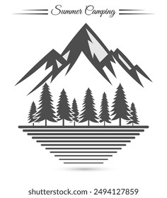 Camping Vector Art. Pine Forest, Mountain, tent Silhouette.