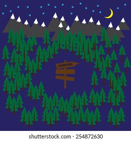Camping vector background with forest and mountains