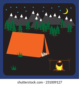 Camping vector background with tent at night, forest and mountains