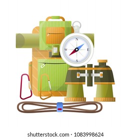 Camping vector backpack, binoculars and compass