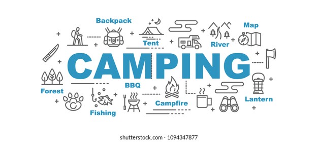 camping vector banner design concept, flat style with icons