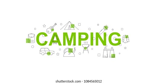 Camping vector banner. Word with line icon. Vector background
