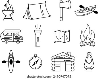 Paquete de Vector de camping | Iconos de aventuras al aire libre | Cabina Festiva Art 
Colección | Actividades de Naturaleza