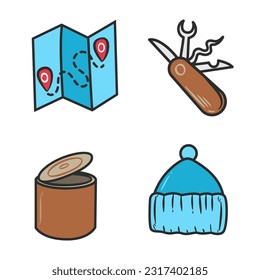 Camping conjunto de objetos y símbolos de dibujos animados de iconos de doodle de color vectorial